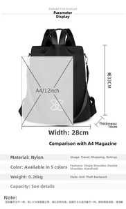 Waterproof nylon backpack size dimensions 33x28x16cm and A4 size comparison details