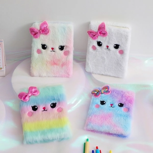Cute Plush Cat Notebook Faux Fur Daily Journal With Sequin Bow For Girls Students School Office Stationery