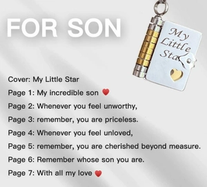 Detailed view of book-shaped titanium steel pendant with engraved My Little Star text