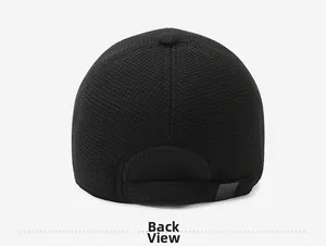 Back view of black mesh baseball cap showing breathable texture and adjustable metal buckle