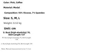 Detailansicht der Größentabelle und Modal-Stoffdetails für das geraffte Maxikleid