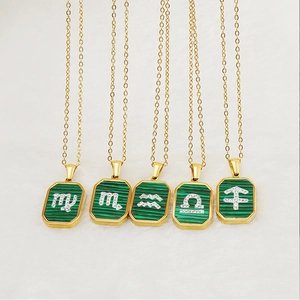 Detailed view of octagonal gold-plated zodiac pendants with malachite and crystals