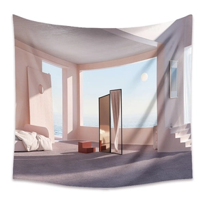 Bohemian decorative wall tapestry featuring surreal ocean view interior in warm pink tones