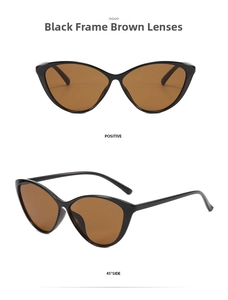 Close-up of black triangle cat-eye sunglasses with brown lenses shown in multiple angles
