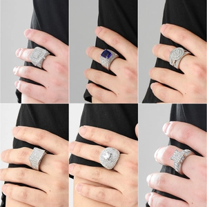 Iced-out Cuban rings for men with zircon stones and blue gemstones in silver finish