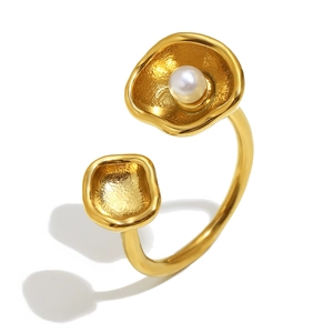 Minimalist 18K gold plated stainless steel open ring with organic shell and pearl detail