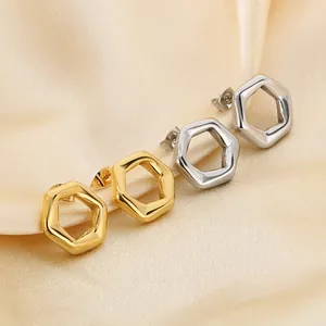 Geometric Hexagon Hollow Earrings Stainless Steel 18K Gold Plated Minimalist Polished Jewelry For Women Fashion