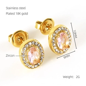 Detail view of 18K gold plated stainless steel studs with pink zircon and dimensions