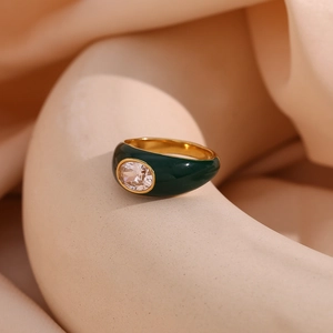 Vintage 18K gold plated stainless steel ring with green enamel and oval zircon gemstone