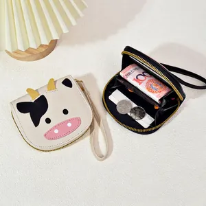 Cute Cartoon Cow Wallet PU Leather Multi-Functional Large Capacity Zipper Coin Purse With Wristlet Strap For Women Girls