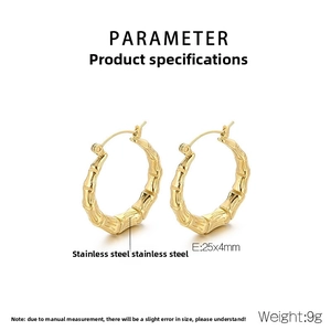 Close-up of golden stainless steel U-shaped bamboo earrings with size details