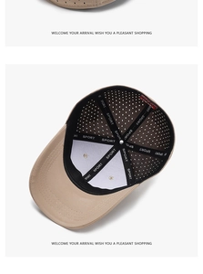 Detail of khaki sport baseball cap featuring laser-cut ventilation holes and mesh lining