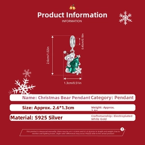 Detail showing S925 sterling silver Christmas bear pendant with enamel festive tree charm