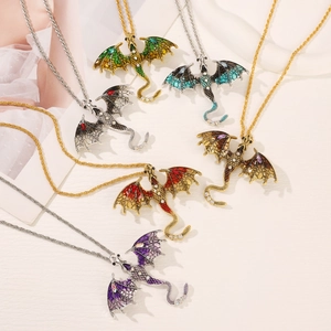 Vintage dragon pendant necklaces with colorful enamel and crystals on gold and silver chains