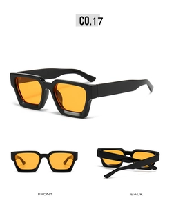 Three-view layout of retro square sunglasses featuring black frames and orange lenses