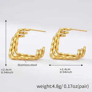 Detailed close-up of golden stainless steel square twisted hoop earrings with dimensions