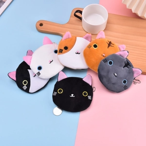 Cute plush cat coin purses in six colors with embroidery and bead chains on a dual-tone base