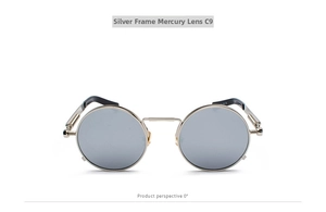 Steampunk silver metal sunglasses with reflective mercury lenses and spring temple detail