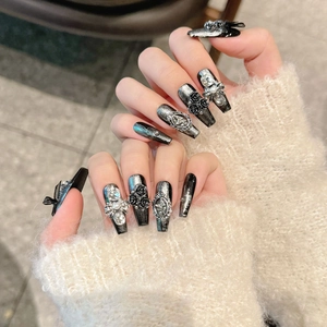 Dark gothic handmade press-on nails with 3D black roses and cat eye glitter finish
