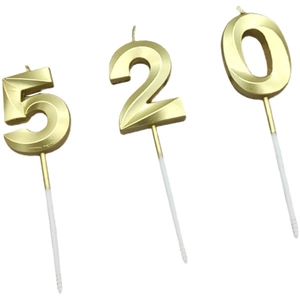 Golden 3D geometric number candles 5 2 0 for birthday cake decoration on white background