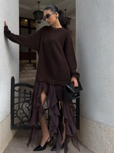 Women Knit Sweater And Ruffle Chiffon Skirt Oversized Long Sleeve Crew Neck Irregular Layered Streetwear Casual
