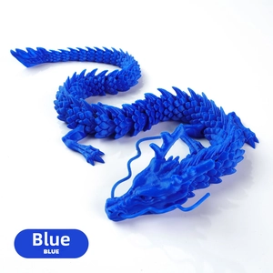 Detailed macro view of 3D printed blue articulated dragon model with PLA texture