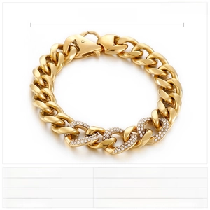 Macro shot of hip hop gold plated Cuban link bracelet with rhinestone accents and lobster clasp
