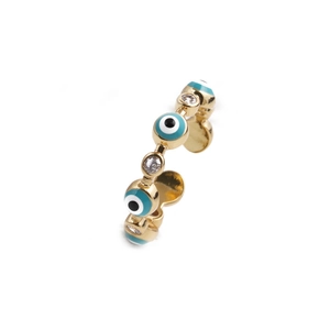 Gold plated evil eye ear cuff with blue enamel and sparkling zircon accents