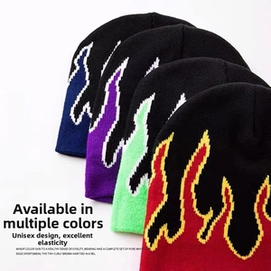 Flame pattern jacquard knit beanies in blue, purple, green and red colors