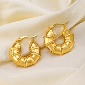 18K gold plated stainless steel chunky bamboo hoop earrings for women on beige silk