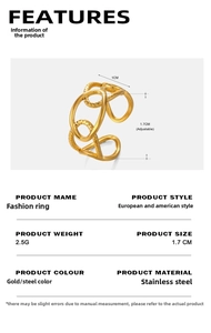 Détails de la bague entrelacée en acier doré 18K avec dimensions et spécifications