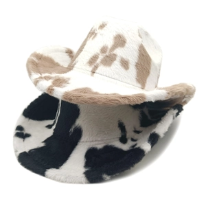 Cappelli da cowboy in peluche da donna con motivi a macchie di mucca neri e marroni