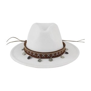 White felt fedora hat featuring an ethnic woven band and silver coin charms detail