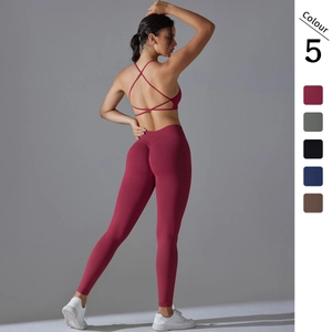 Set Yoga Donna Senza Cuciture 2 Pezzi Reggiseno Sportivo Incrocio Schiena e Leggings Vita Alta Controllo Pancia Fitness
