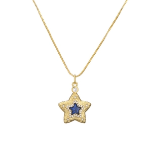 Collier étoile doré avec pendentif gemme bleue et zircons sur fine chaîne maille