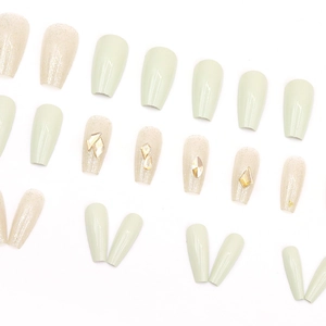 24pcs long coffin press-on nails with green and glitter finish featuring rhinestone accents