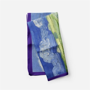 Detailed view of Van Gogh style oil painting silk scarf with elegant purple hem edge