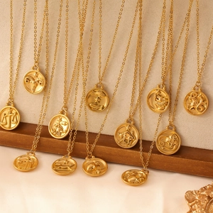 Zodiac Sign Pendant Necklace Titanium Steel Relief Coin Constellation Vintage Charm Jewelry For Women