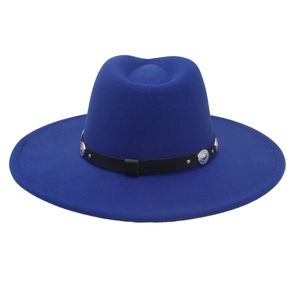 Detailed view of the blue wide brim felt hat with black leather band and metal studs