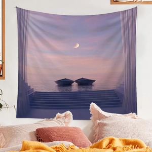 Cozy bedroom scene with dreamy moonlight seascape tapestry and soft decorative pillows