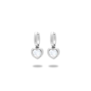 Detailed macro view of heart-shaped clear cubic zirconia earrings in silver finish