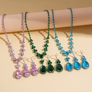 Elegant luxury flower zircon drop pendant necklace and earring set in vibrant colors