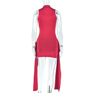 Rear view of red sleeveless bodycon dress featuring elegant draping ribbon streamers