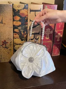 Elegant white satin handbag with pearl handle and 3D flower detail for Hanfu dress