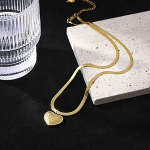 Minimalist gold titanium steel snake chain necklace with love you more heart pendant