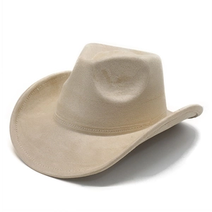 Macro detail of the reinforced stitching on the wide brim of this beige suede cowboy hat