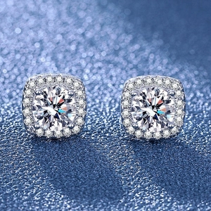 Square halo stud earrings with round brilliant cut center stone in 925 silver finish