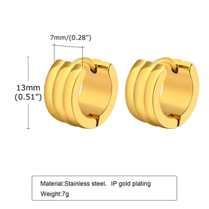 Detailed size chart of gold-plated triple-layer textured huggie earrings in stainless steel