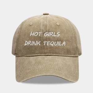 Vintage washed khaki cotton baseball cap with Hot Girls Drink Tequila white embroidery