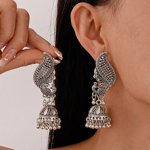 Boucles Oreilles Peacock Jhumka Avec Tige En Argent Rétro Ethnique Bohème Vintage Ajouré Gland Cloche Bijoux Femmes